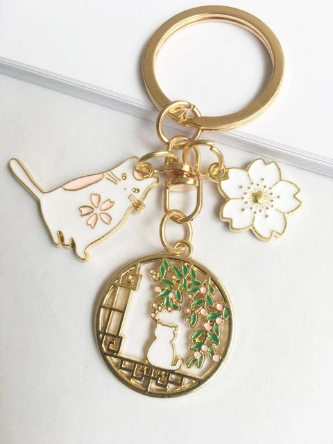Cat and Flower Charm Keychain