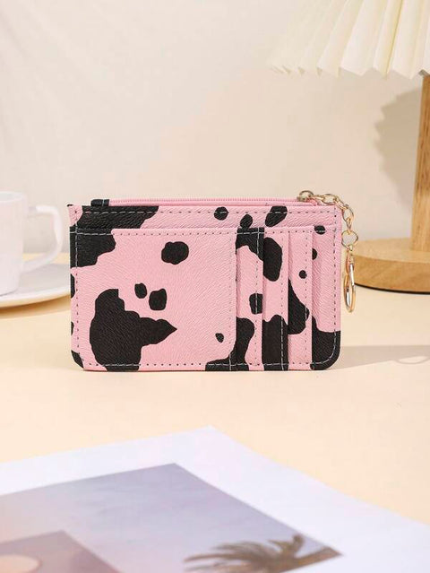 Pink Cow Pattern Card Holder Keychain