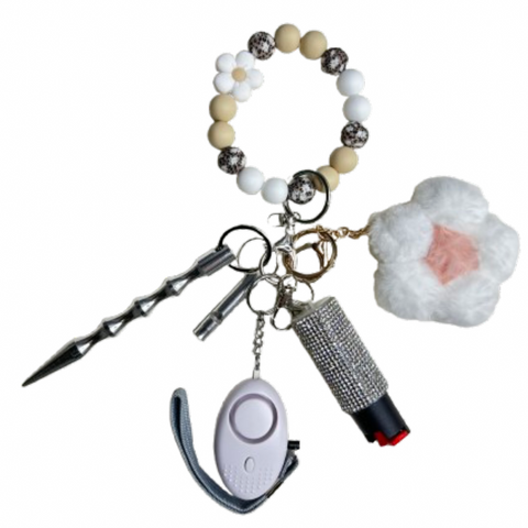 White Daisy Beaded Self Defense Keychain