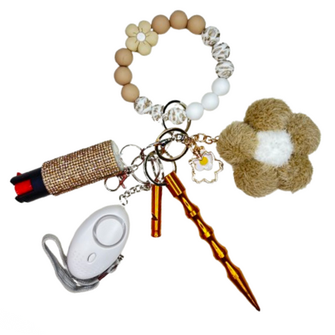 Brown Flower Beaded Self Defense Keychain