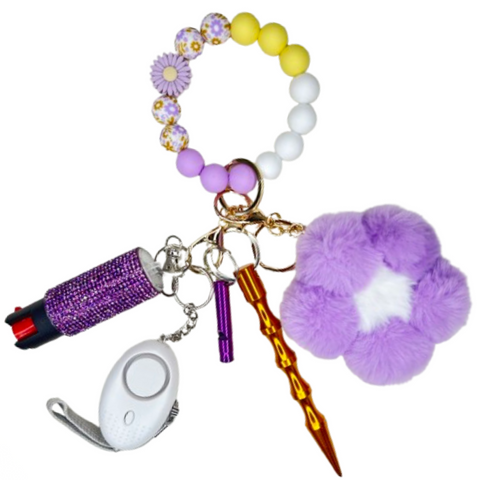 Purple Flower Beaded Self Defense Keychain