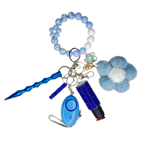 Blue Flower Beaded Self Defense Keychain