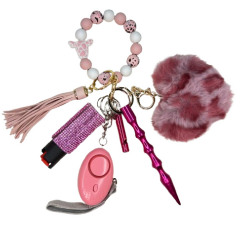 Pink Cow Beaded Self Defense Keychain