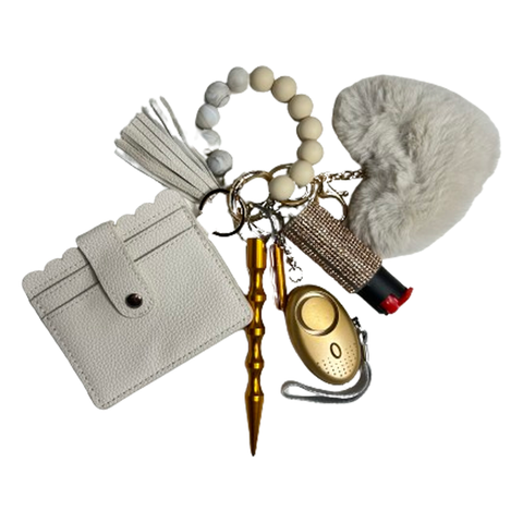 Golden Beige Card Holder Beaded Self Defense Keychain (Beads color may vary)