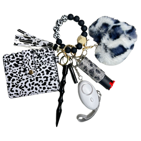 Cow Print Card Holder Beaded Self Defense Keychain (Design Print May Vary)