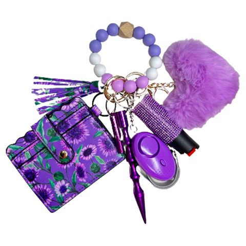 Violet Florals Card Holder Beaded Self Defense Keychain