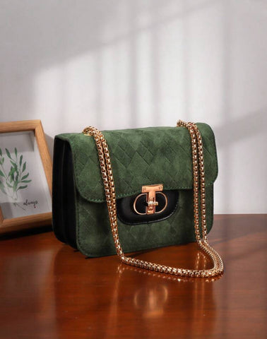Green Suede Gold Chain Handbag