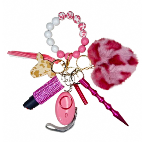 Pink Cow Beaded Self Defense Keychain