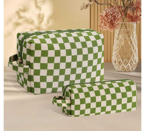 Green Checkered 2-Piece Makeup Bag