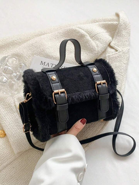 Black Furry Buckle Bag