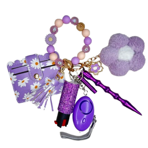 Purple Floral Daisy Card Holder Beaded Self Defense Keychain