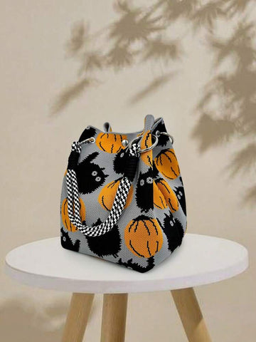 Black Cat & Pumpkin Knitted Handbag