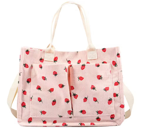 Pink Strawberry Double Pocket Tote Bag