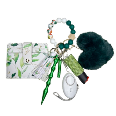 Green Leaves Card Holder Beaded Self Defense Keychain