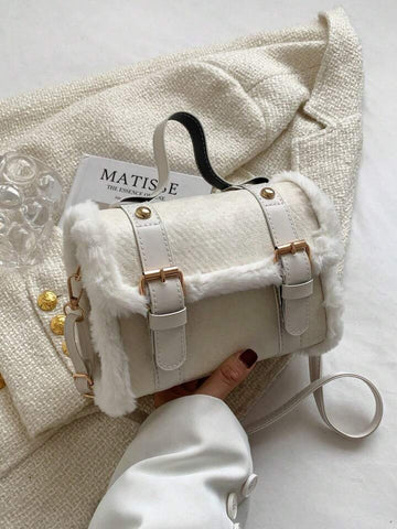 White Fur Buckle Crossbody Bag