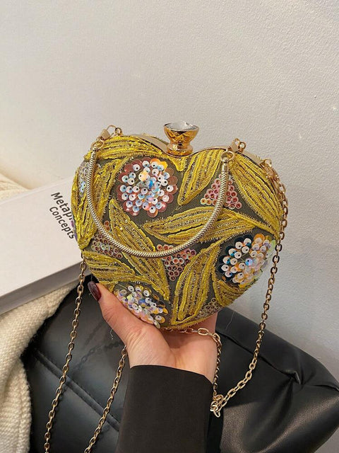 Yellow Sequin Heart Crossbody Bag