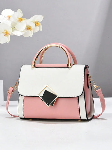 Pink Color block Square Metal Handbag