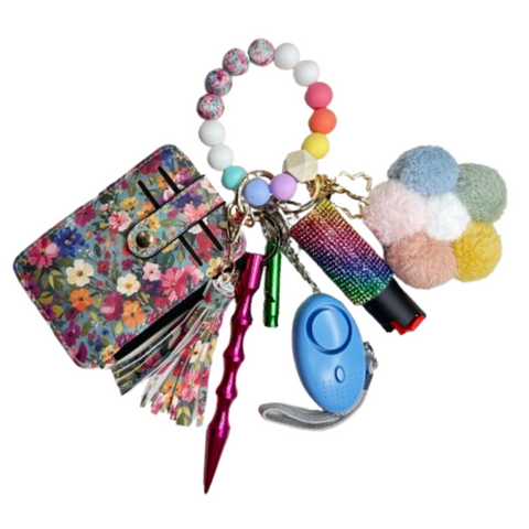 Multicolored Floral Card Holder Beaded Self Defense Keychain