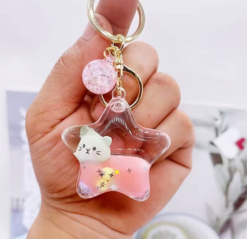 Cat Pink Liquid Star Keychain