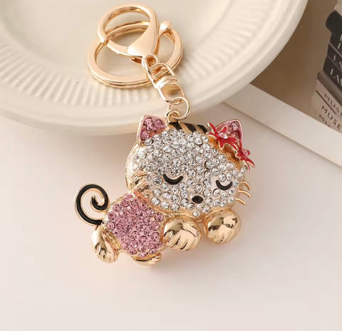 Sleeping Pink Cat Bling Keychain