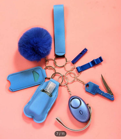 Blue 8 PCS Safety Keychain Set (Empty Hand Sanitizer Bottle Included)