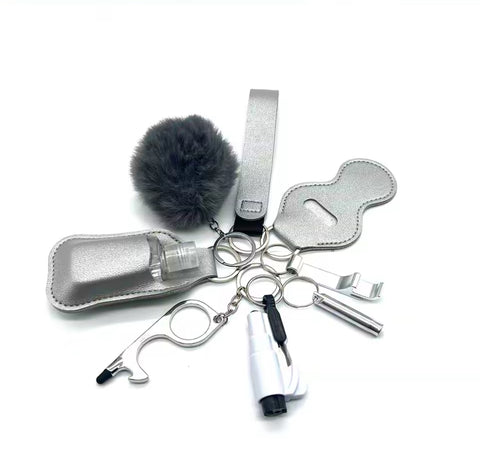 Silver 8 PCS Safety Keychain Set (Empty Hand Sanitizer Bottle Included)