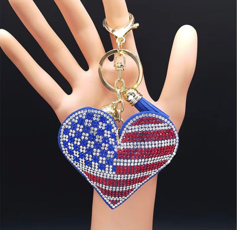 Heart American Flag Rhinestone Keychain