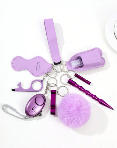 Purple 9 PCS Safety Keychain Set (Empty Hand Sanitizer Bottle Included)