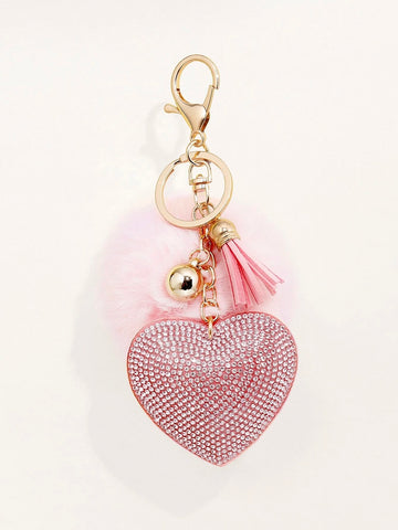 Pink Heart Charm Pom Pom Keychain