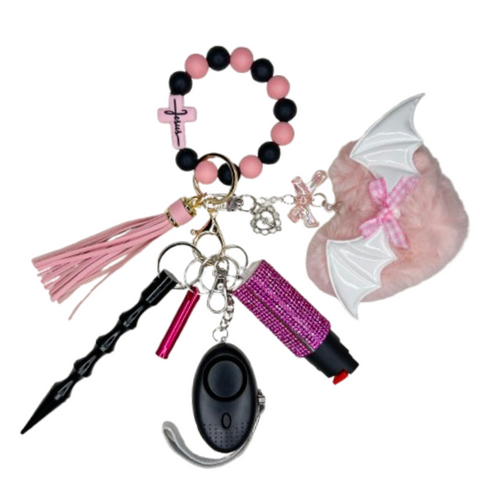 Pink & Black Jesus Cross Beaded Self Defense Keychain