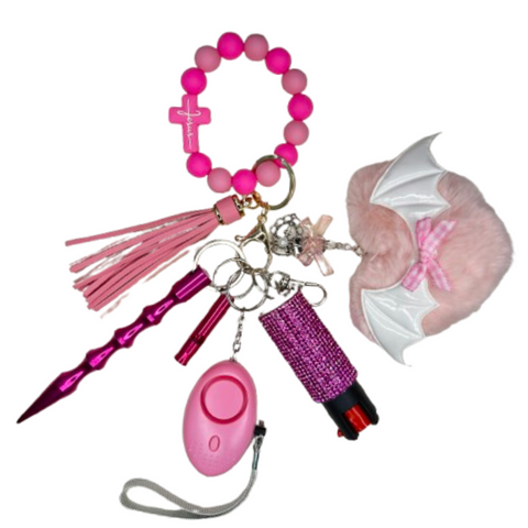 Pink Jesus Cross Beaded Self Defense Keychain