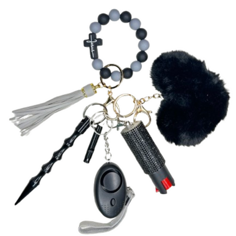 Black & Grey Jesus Cross Beaded Self Defense Keychain