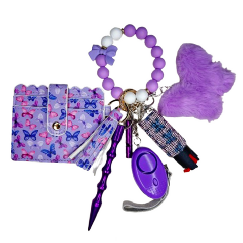 Purple Butterfly Card Holder Beaded Self Defense Keychain