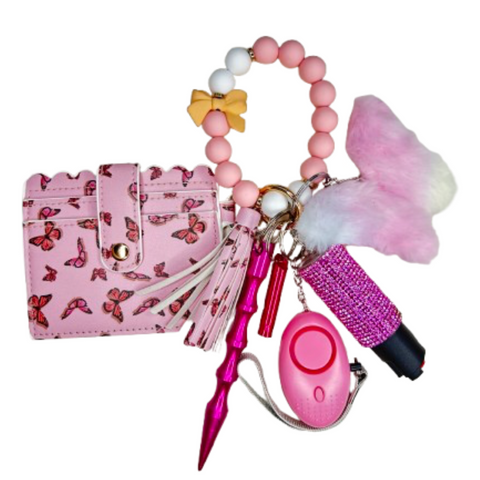 Pink Butterfly Card Holder Beaded Self Defense Keychain (Pom Pom Color May Vary)