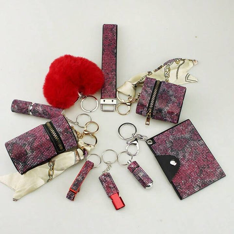 Red Speckled 9-Piece Bling Keychain Set