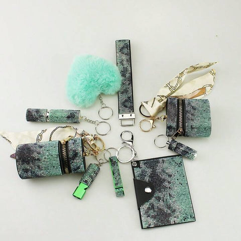 Green Speckled 9-Piece Bling Keychain Set