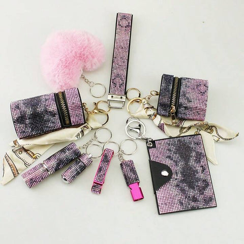 Pink Speckled 9-Piece Bling Keychain Set