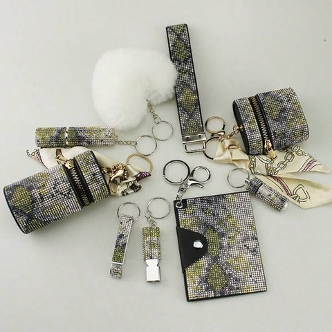 Silver Yellow Speckled 9-Piece Bling Keychain Set