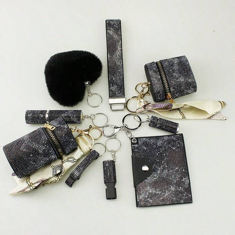 Black Speckled 9-Piece Bling Keychain Set