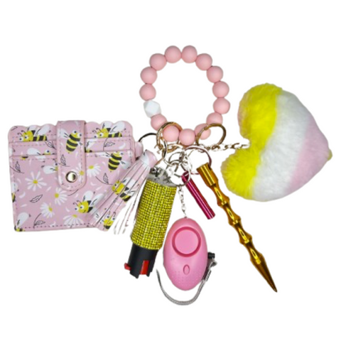 Pink Bumblebee Card Holder Beaded Self Defense Keychain