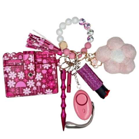 Pink Flowers Card Holder Beaded Self Defense Keychain