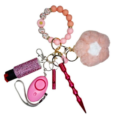 Pink Flower Beaded Self Defense Keychain