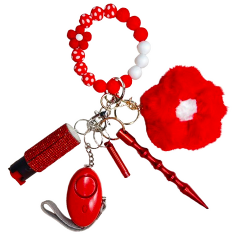 Red Flower Beaded Self Defense Keychain