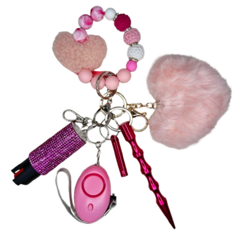 Pink Fuzzy Heart Beaded Self Defense Keychain