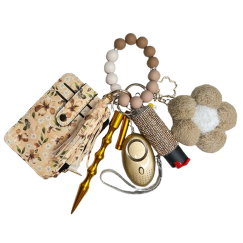 Brown Floral Card Holder Beaded Self Defense Keychain