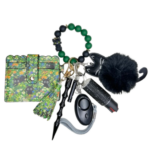Black Cat on Grass Card Holder Beaded Self Defense Keychain