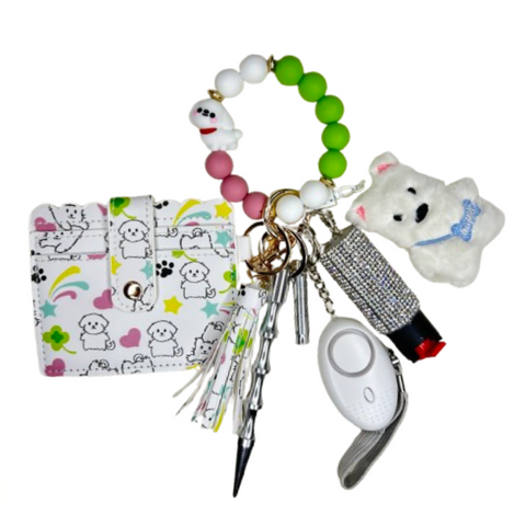 White Dog Card Holder Beaded Self Defense Keychain