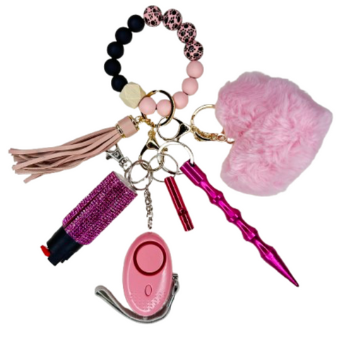 Pink Paw Print Beaded Self Defense Keychain