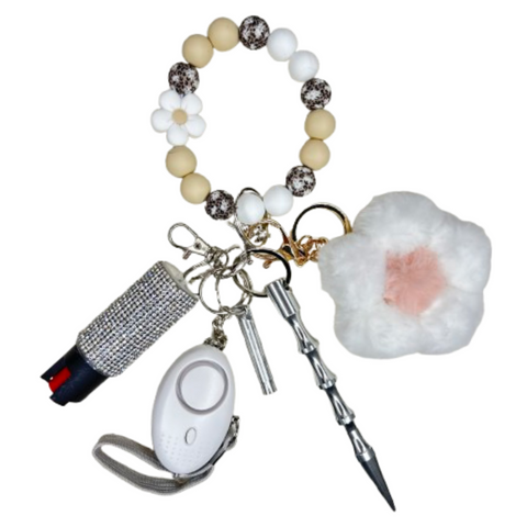 White Flower Beaded Self Defense Keychain