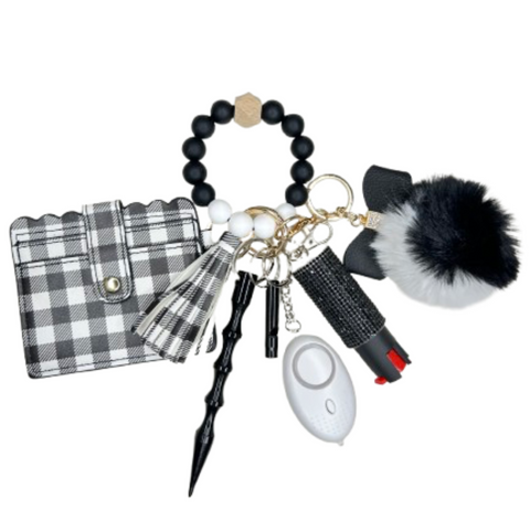 Black and White Plaid Card Holder Beaded Self Defense Keychain